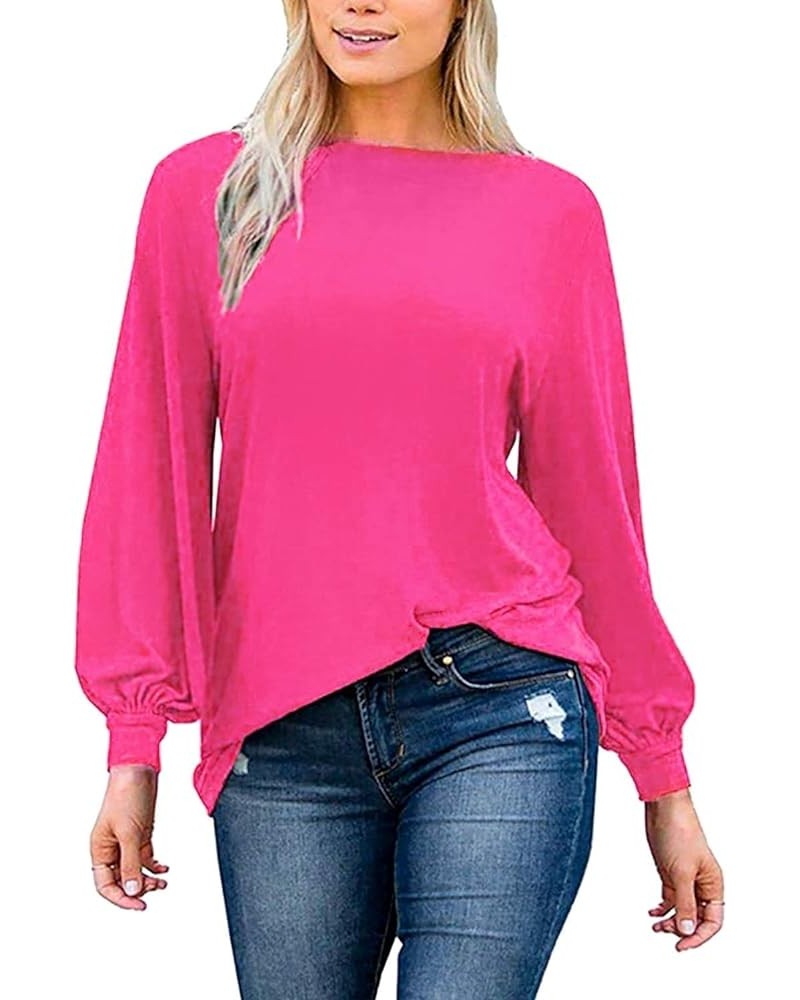 Womens Casual Bishop Sleeve Blouse Boat Neck T-Shirts Tunic Tops Pink $10.75 Tops