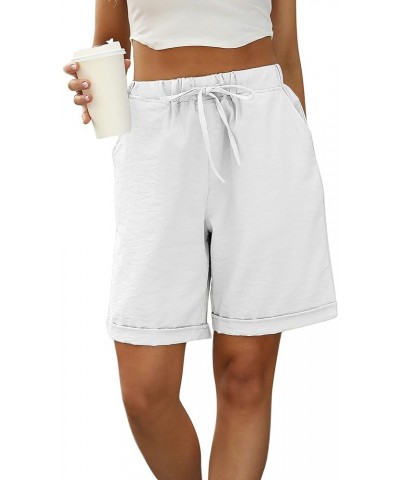 Women's Summer Casual Elastic Drawstring Rolled Hem Bermuda Shorts with Belt White $16.49 Shorts