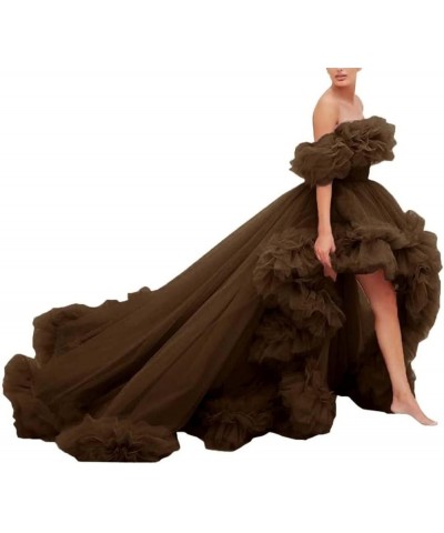 High Low Tulle Prom Dress Off Shoulder Ruffles Long Princess Evening Ball Dress for Photoshoot CA72 Brown $38.53 Dresses