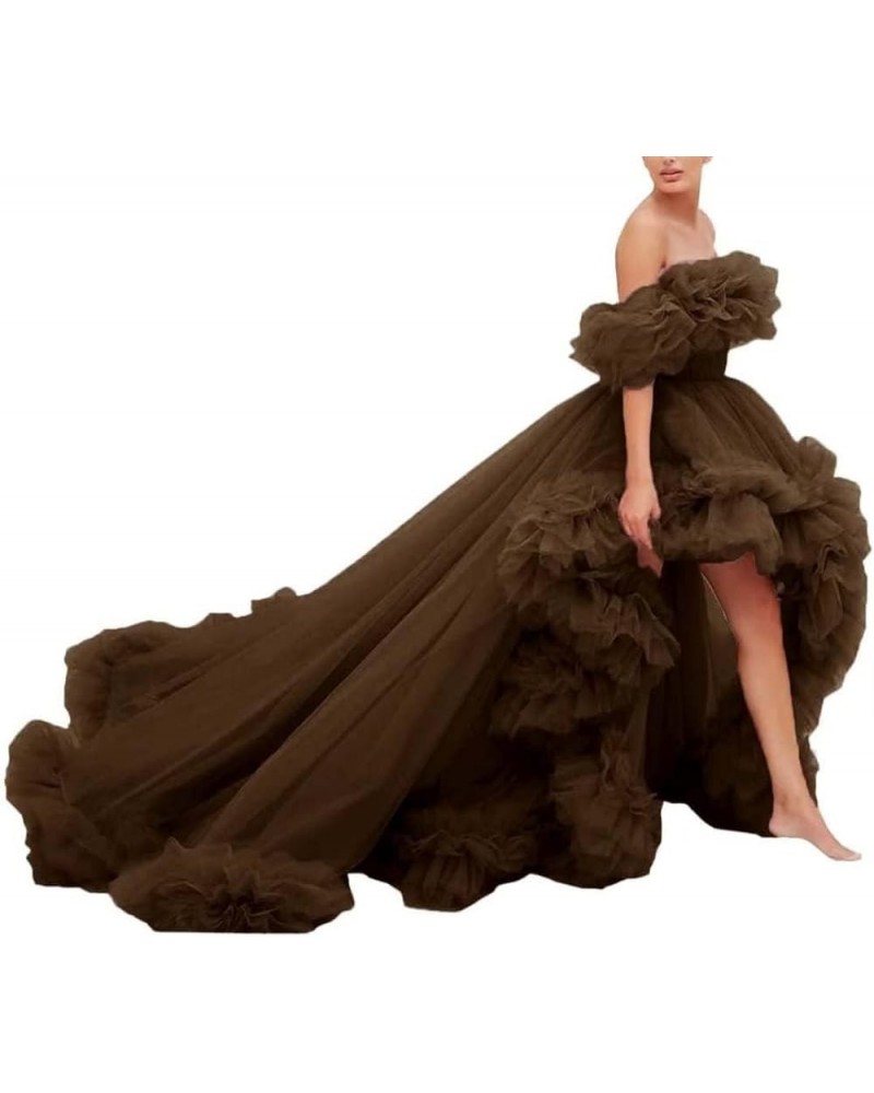 High Low Tulle Prom Dress Off Shoulder Ruffles Long Princess Evening Ball Dress for Photoshoot CA72 Brown $38.53 Dresses