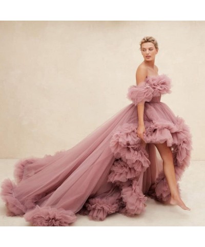 High Low Tulle Prom Dress Off Shoulder Ruffles Long Princess Evening Ball Dress for Photoshoot CA72 Brown $38.53 Dresses