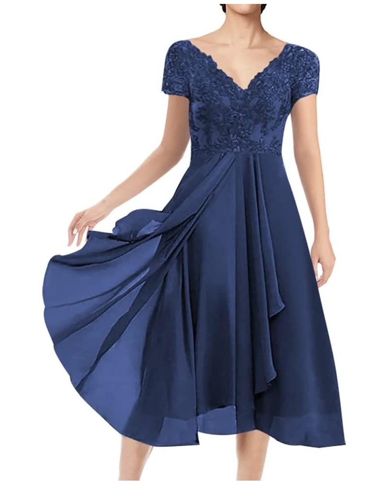 Mother of The Bride Dresses Short Evening Formal Dress V Neck Wedding Guest Groom Dress Lace Applique Ruffles Women's Navy Bl...