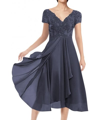 Mother of The Bride Dresses Short Evening Formal Dress V Neck Wedding Guest Groom Dress Lace Applique Ruffles Women's Navy Bl...