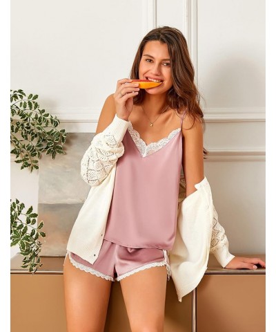 Silk Pajamas Set Womens Lace Cami Tops and Shorts Satin Lingerie V Neck Sleepwear XS-XXL 02-dark Pink $13.33 Sleep & Lounge