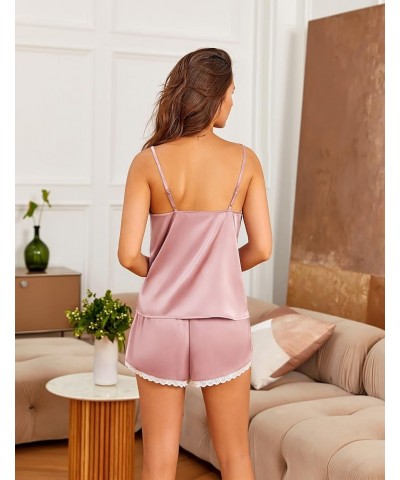 Silk Pajamas Set Womens Lace Cami Tops and Shorts Satin Lingerie V Neck Sleepwear XS-XXL 02-dark Pink $13.33 Sleep & Lounge