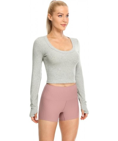 Women's Ribbed Long Sleeve Crop Tops, Scoop Neck Athletic Yoga Casual Fall T Shirts with Thumb Holes Gray Melange $14.49 T-Sh...