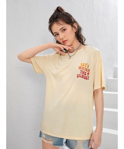 Girl's Short Sleeve Crewneck Letter Print Tee Casual Drop Shoulder Pullover T Shirt Apricot $9.27 T-Shirts