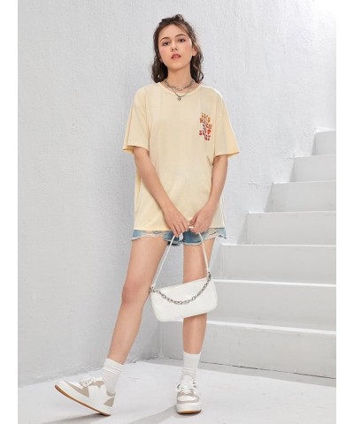 Girl's Short Sleeve Crewneck Letter Print Tee Casual Drop Shoulder Pullover T Shirt Apricot $9.27 T-Shirts