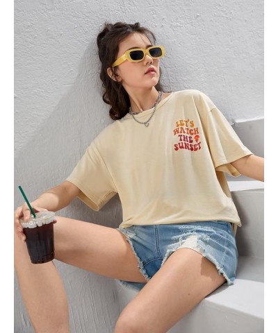 Girl's Short Sleeve Crewneck Letter Print Tee Casual Drop Shoulder Pullover T Shirt Apricot $9.27 T-Shirts