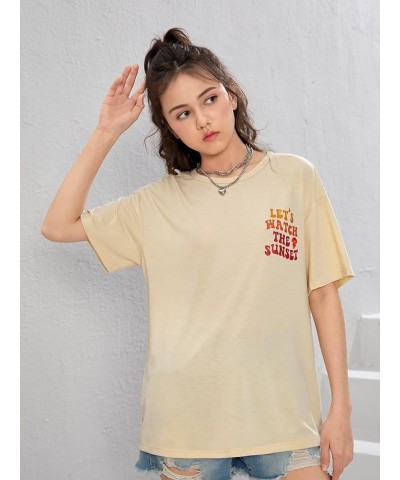 Girl's Short Sleeve Crewneck Letter Print Tee Casual Drop Shoulder Pullover T Shirt Apricot $9.27 T-Shirts