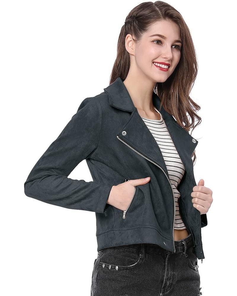 Women's Short Soft Zip Up Faux Suede Biker Moto Jacket Dark Blue $24.48 Coats