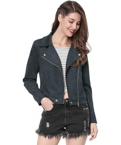 Women's Short Soft Zip Up Faux Suede Biker Moto Jacket Dark Blue $24.48 Coats