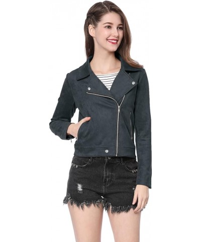 Women's Short Soft Zip Up Faux Suede Biker Moto Jacket Dark Blue $24.48 Coats