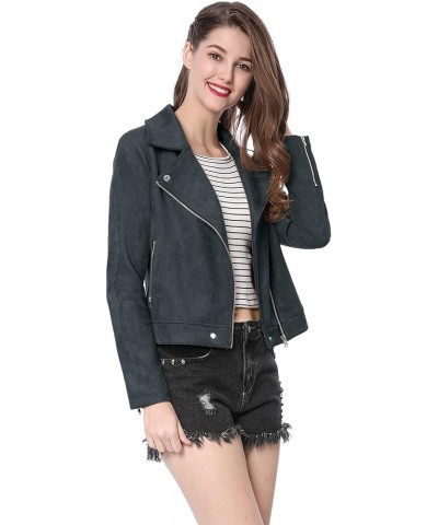 Women's Short Soft Zip Up Faux Suede Biker Moto Jacket Dark Blue $24.48 Coats