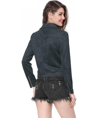 Women's Short Soft Zip Up Faux Suede Biker Moto Jacket Dark Blue $24.48 Coats