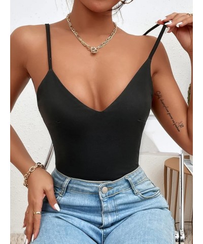 Women's Basic Spaghetti Strap Leotard Solid Cami Bodysuit Tops Black Solid $12.71 Bodysuits