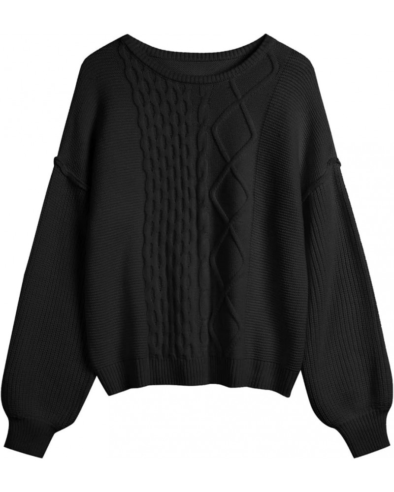 Women Winter Sweater Crewneck Long Lantern Sleeves Oversized Knit Sweater Badge Pullover Ribbed Sweater Jumper 1-black $10.59...