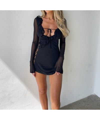 Women Ruffle Fringed Short Dress Deep V Neck Halter Tie Cut Out Backless Ruched Bodycon Party Club Mini Dress 03-black See Th...