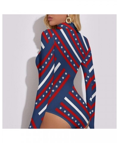 American Flag Starry Women's Sexy Round Neck Long Sleeve Tops Bodysuit Jumpsuit 2XL Medium Style-7 $19.60 Bodysuits