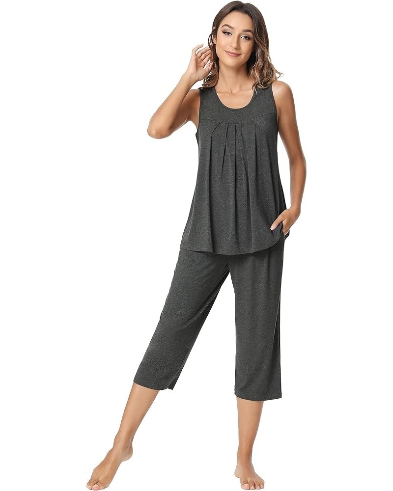 Pajamas for Women-Viscose Made from Bamboo, Sleeveless Pjs Tank Top Capri Pants Pajama Sets Cooling Sleepwear A-charcoal Heat...