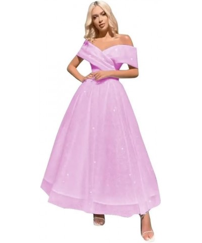 Tulle Prom Dresses for Teens Off Shoulder Tea Length Formal Dresses A Line Sparkly Ruched Ball Gown Lilac $42.92 Dresses