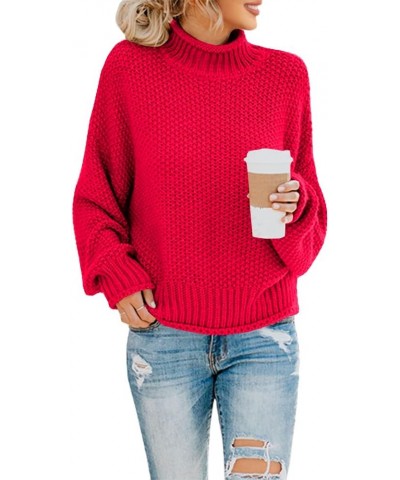 Womens Turtleneck Oversized Sweaters Batwing Long Sleeve Pullover Loose Chunky Knit Jumper Red $23.45 Sweaters