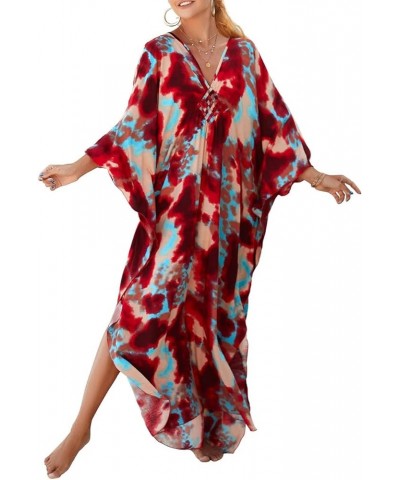 Kaftan Dresses Cover Up for Swimwear Women Plus Size Animal Print Caftan Resort Dress D-red Tie-dye $16.45 Swimsuits