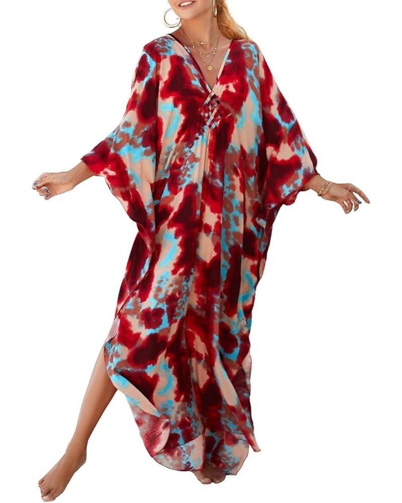 Kaftan Dresses Cover Up for Swimwear Women Plus Size Animal Print Caftan Resort Dress D-red Tie-dye $16.45 Swimsuits