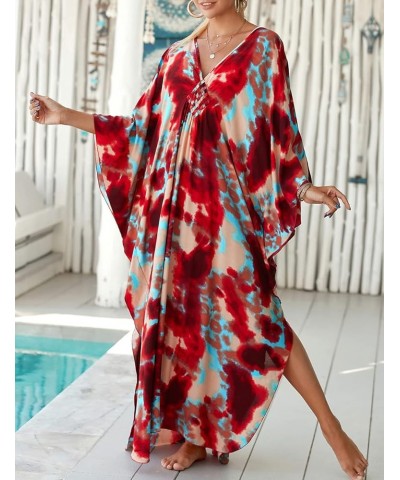 Kaftan Dresses Cover Up for Swimwear Women Plus Size Animal Print Caftan Resort Dress D-red Tie-dye $16.45 Swimsuits