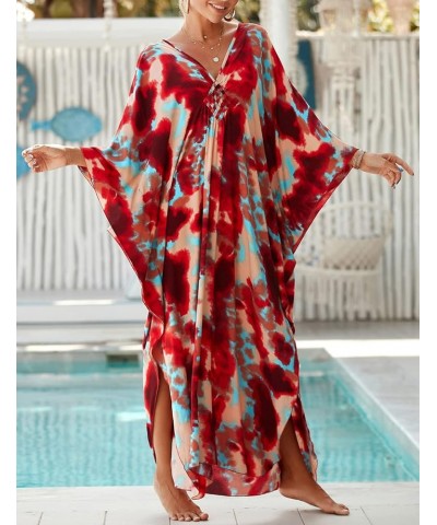 Kaftan Dresses Cover Up for Swimwear Women Plus Size Animal Print Caftan Resort Dress D-red Tie-dye $16.45 Swimsuits