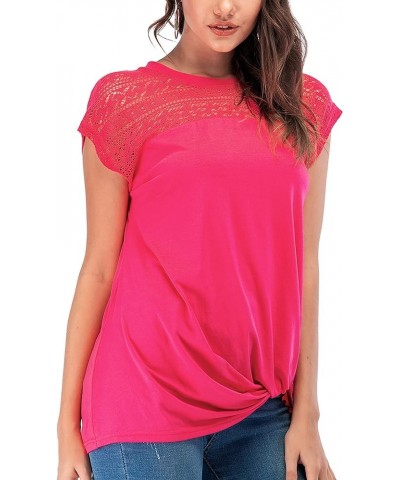 Womens Casual Short Sleeve Lace T Shirts Loose Twist Knot Front Blouse Tops Rose Red $16.79 Blouses