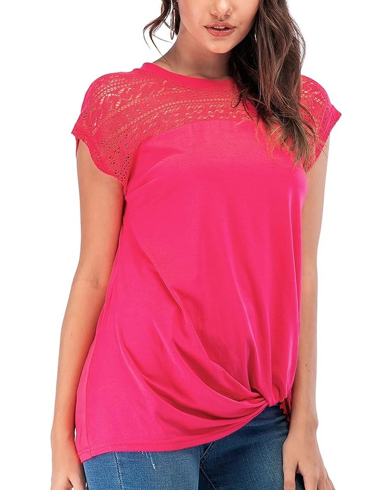 Womens Casual Short Sleeve Lace T Shirts Loose Twist Knot Front Blouse Tops Rose Red $16.79 Blouses