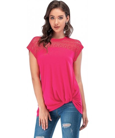 Womens Casual Short Sleeve Lace T Shirts Loose Twist Knot Front Blouse Tops Rose Red $16.79 Blouses