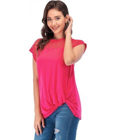 Womens Casual Short Sleeve Lace T Shirts Loose Twist Knot Front Blouse Tops Rose Red $16.79 Blouses