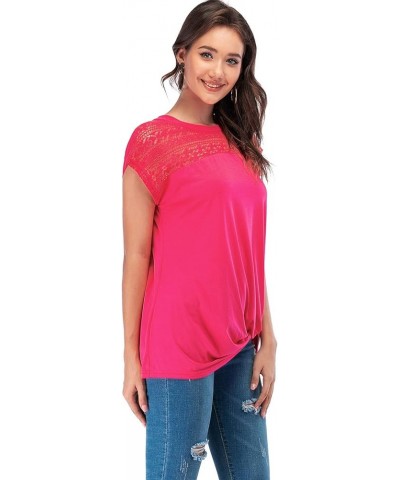 Womens Casual Short Sleeve Lace T Shirts Loose Twist Knot Front Blouse Tops Rose Red $16.79 Blouses