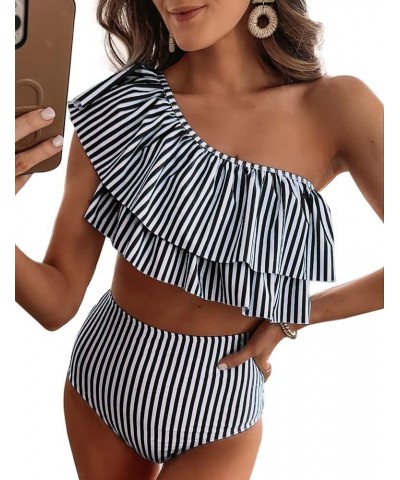 Ruffle One Shoulder Swimsuits for Women Cute High Waisted Two Piece Bathing Suits Black Stripes $23.19 Swimsuits