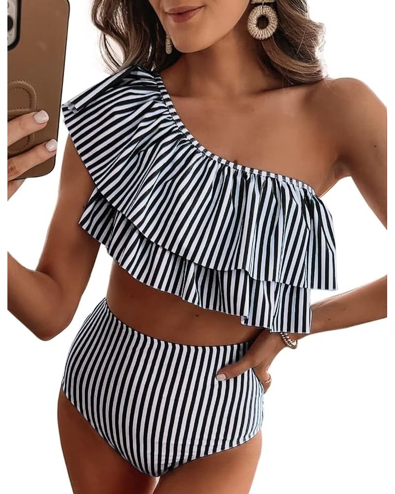 Ruffle One Shoulder Swimsuits for Women Cute High Waisted Two Piece Bathing Suits Black Stripes $23.19 Swimsuits