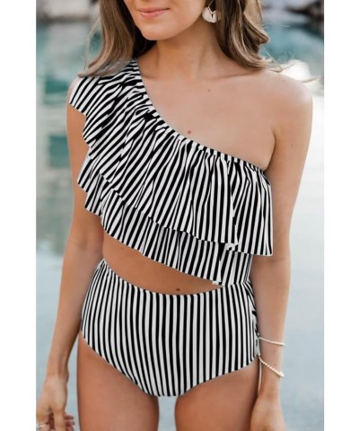 Ruffle One Shoulder Swimsuits for Women Cute High Waisted Two Piece Bathing Suits Black Stripes $23.19 Swimsuits