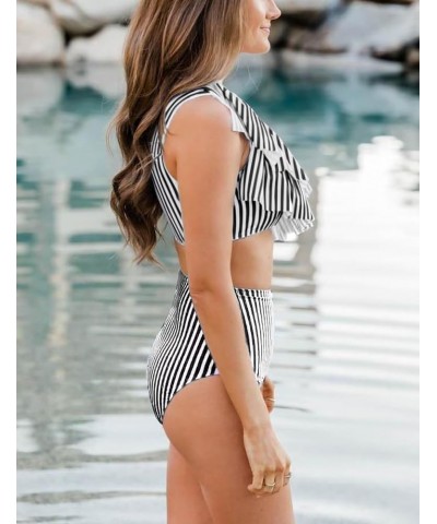 Ruffle One Shoulder Swimsuits for Women Cute High Waisted Two Piece Bathing Suits Black Stripes $23.19 Swimsuits