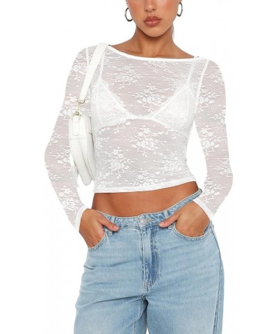 Women Sexy Long Sleeve Lace Floral Print Crop Tops 2023 Fashion Low Cut Backless Sheer Mesh Tees Shirt Backless White $11.65 ...