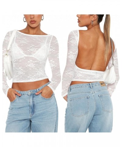 Women Sexy Long Sleeve Lace Floral Print Crop Tops 2023 Fashion Low Cut Backless Sheer Mesh Tees Shirt Backless White $11.65 ...