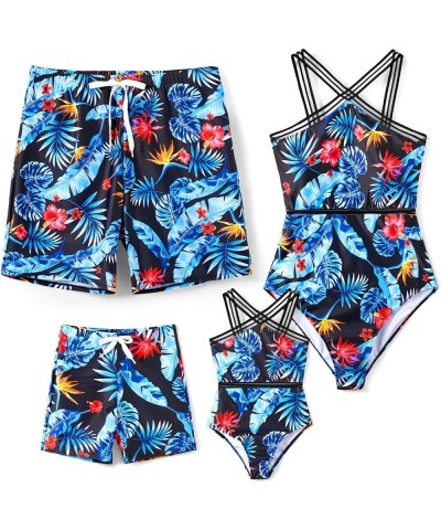 Family Matching Swimsuits Crisscross One Piece Swimwear Floral Printed Bathing Suits Boy Blue Feather $11.19 Swimsuits