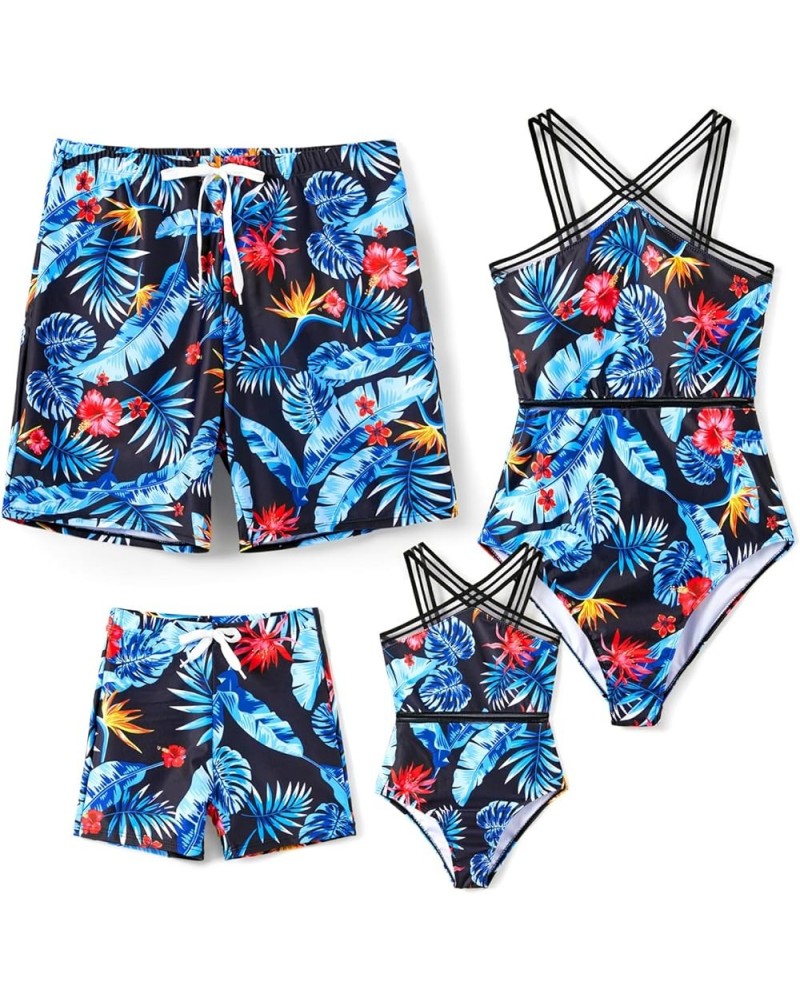 Family Matching Swimsuits Crisscross One Piece Swimwear Floral Printed Bathing Suits Boy Blue Feather $11.19 Swimsuits