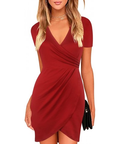 Women's Classic Short Sleeve Criss-Cross V Neck Wrap Hide Tummy Wedding Guest Mini Bodycon Dresses SK350 Red Solid $23.39 Dre...