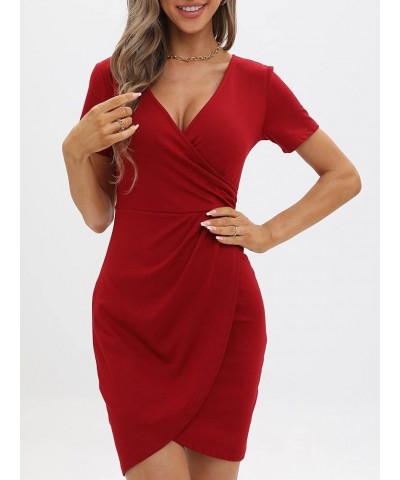 Women's Classic Short Sleeve Criss-Cross V Neck Wrap Hide Tummy Wedding Guest Mini Bodycon Dresses SK350 Red Solid $23.39 Dre...