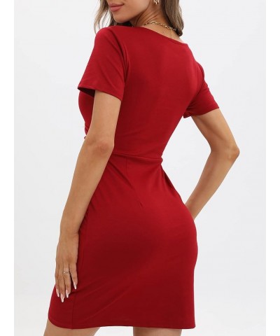 Women's Classic Short Sleeve Criss-Cross V Neck Wrap Hide Tummy Wedding Guest Mini Bodycon Dresses SK350 Red Solid $23.39 Dre...