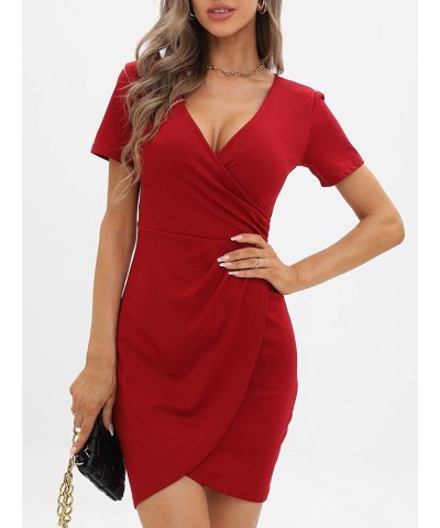 Women's Classic Short Sleeve Criss-Cross V Neck Wrap Hide Tummy Wedding Guest Mini Bodycon Dresses SK350 Red Solid $23.39 Dre...