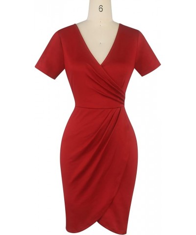 Women's Classic Short Sleeve Criss-Cross V Neck Wrap Hide Tummy Wedding Guest Mini Bodycon Dresses SK350 Red Solid $23.39 Dre...