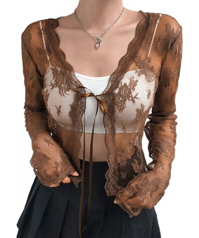 Y2k Lace Mesh Cardigans See Through Long Sleeve Top Tie Front Crop Top Vintage Sheer Shirt Brown $8.69 Sweaters