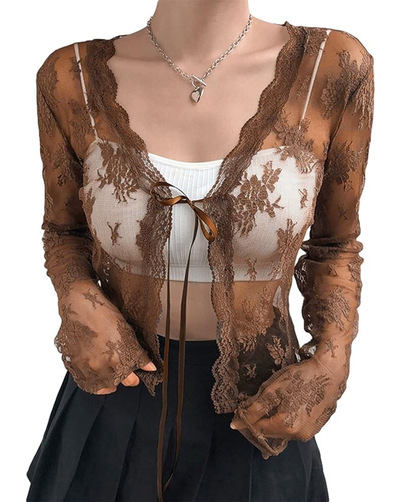 Y2k Lace Mesh Cardigans See Through Long Sleeve Top Tie Front Crop Top Vintage Sheer Shirt Brown $8.69 Sweaters